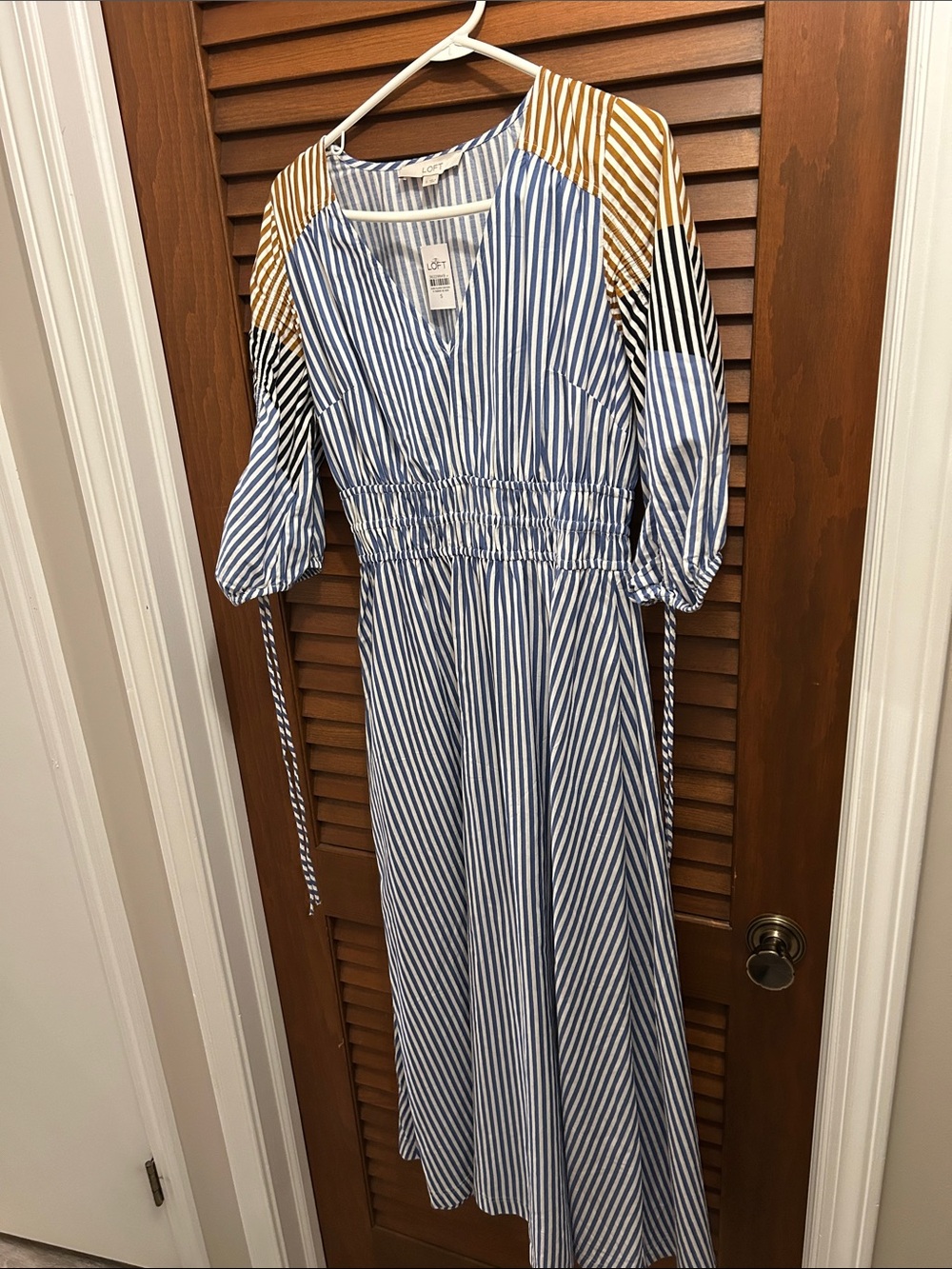 LOFT Blue & White Striped Midi Dress with Mustard and Black Shoulder Panels